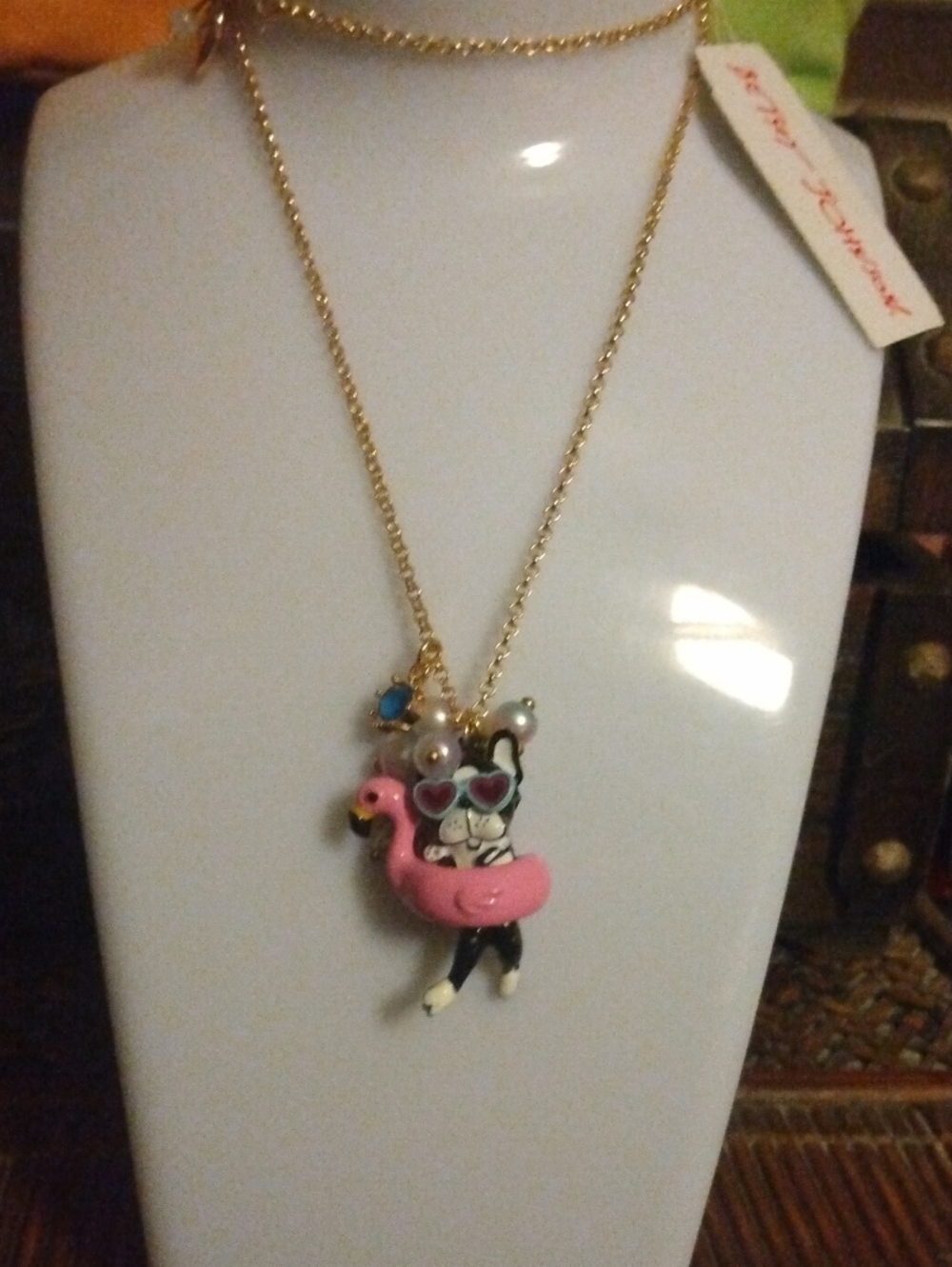 Betsey Johnson Gold-Tone Necklace with Pink Flamingo and Cat Charm